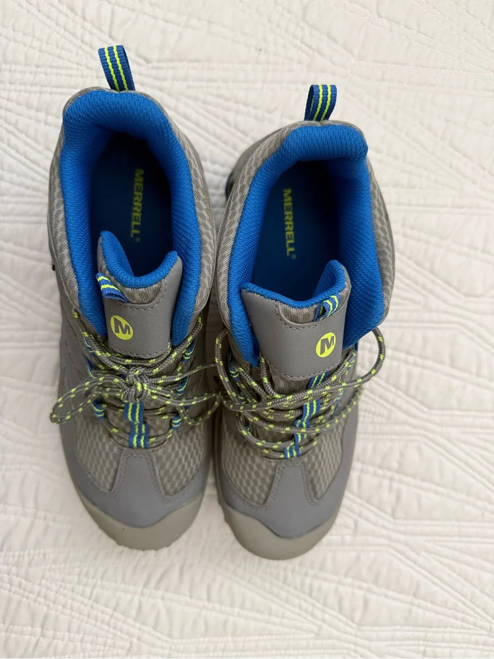 Merrell Gray and Blue Trail boots with Neon Green Accents
